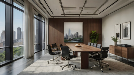 Fototapeta premium The conference room has many chairs around the table.