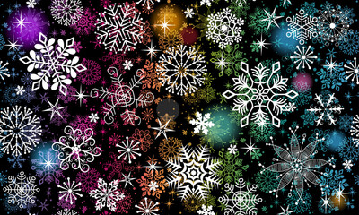 Vector festive seamless Christmas pattern with colorful snowflakes and stars on dark. Bokeh