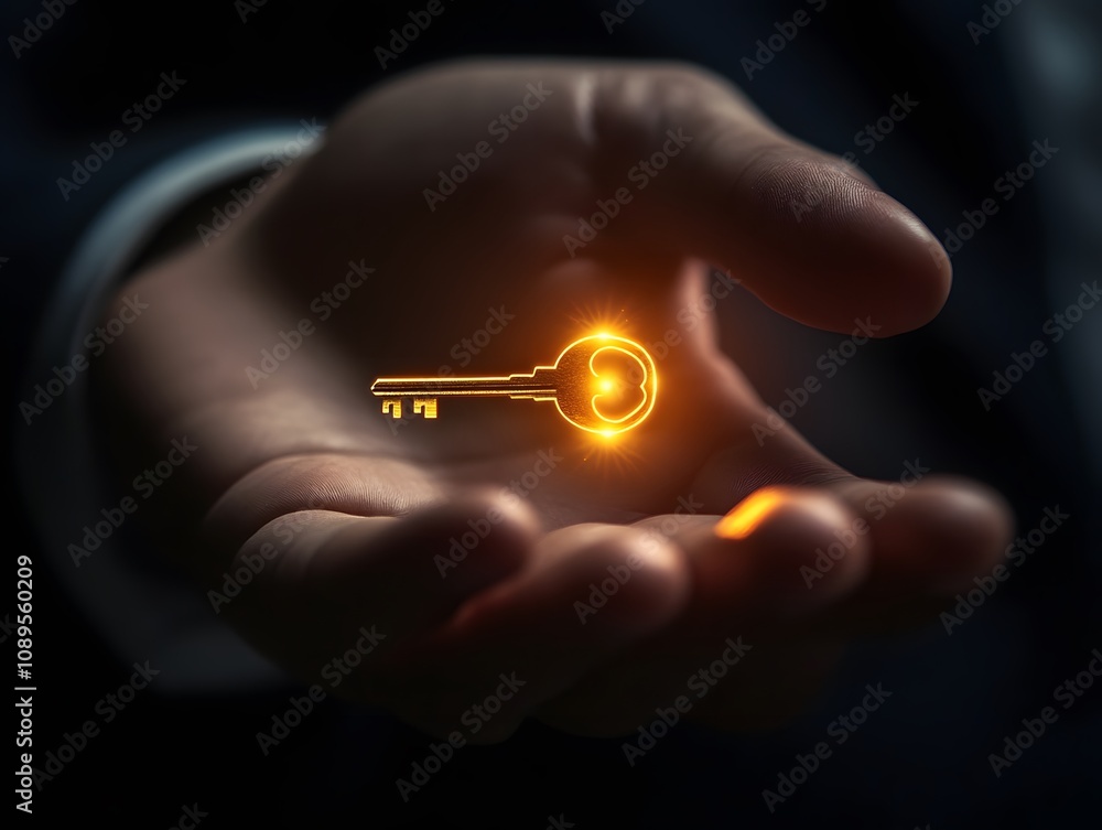 Poster digital key symbol floating above open hand representing security, access, innovation, and modern te