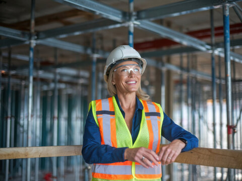 Mujer madura y hermosa con equipo de seguridad y sonriendo en un sitio de construcci&oacute;n
