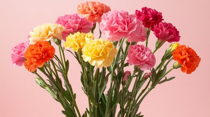 Obraz premium Bright carnations arranged on a pastel pink background, generative ai