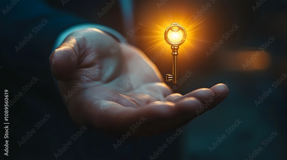 Poster a hand holding a glowing key symbolizing unlocking potential, opportunities, and new beginnings in a
