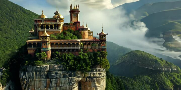 Enchanted palace perched atop cliffs overlooking the emerald valley, 4K Video