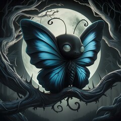 A captivating dark fantasy illustration of an adorable, yet sinister, butterfly Theme halloween. 