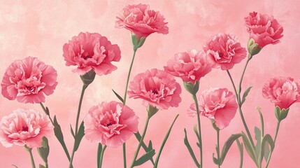 Fototapeta premium Bright carnations arranged on a pastel pink background, generative ai