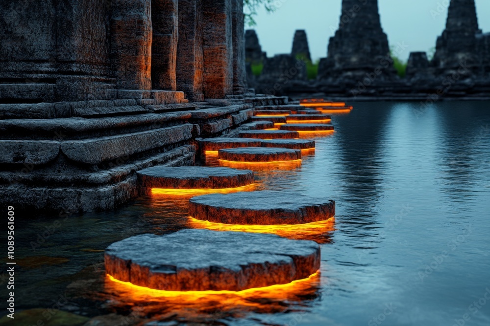Poster A dynamic 3D rendering of Bangkokâ€™s futuristic streets blending into Ayutthayaâ€™s historic ruins with glowing pathways