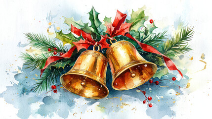 Festive Golden Bells with Holly Pine and Red Ribbons Watercolor Christmas Holiday Illustration