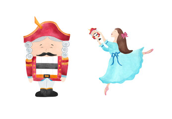 Christmas Nutcracker and dancing ballerina in pointe shoes Watercolor illustration of winter fairy tale For New Year decoration, Christmas toy, greeting card, baby design Graceful girl in blue dress © Daria Legotina