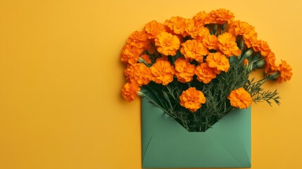 Bright orange marigolds in a green envelope on a warm yellow background, vibrant and cheerful generative ai