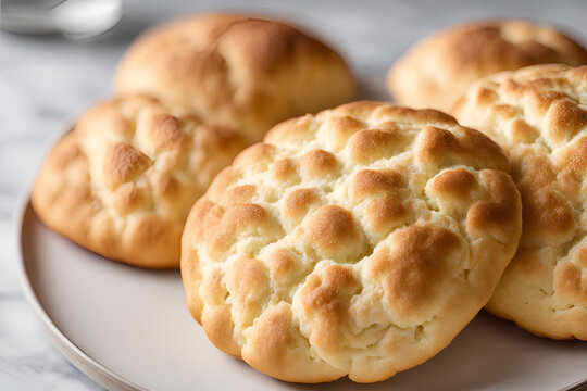 Close-up of fluffy, golden cloud bread on a clean white plate. The bread has a light, airy texture with a slight golden crust.