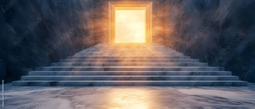 Poster mystical staircase leading to a radiant portal surrounded by ethereal light and atmospheric elements