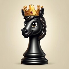 A cartoon figure of a black chess knight with expressive eyes, a sweet smile and a golden crown. AI generated.