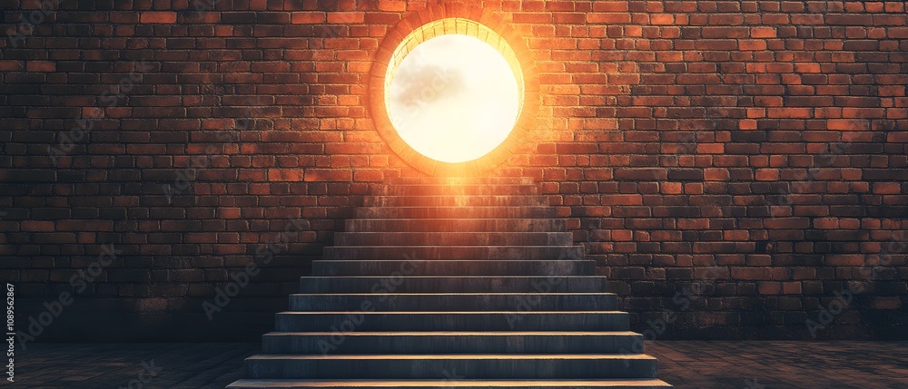 Aufkleber mystical sunlight emanating through circular opening in brick wall, illuminating staircase leading t