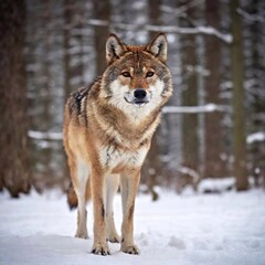 Fototapeta premium A high-resolution ultrarealistic image of a majestic wolf standing amidst a snowy landscape, captured in a detailed photograph. The wolf is caught mid-gaze towards the camera, its fur a mix of grey, w