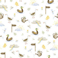 Watercolor seamless pattern bird farm with spring leaves, daisies, cloud and watering can.