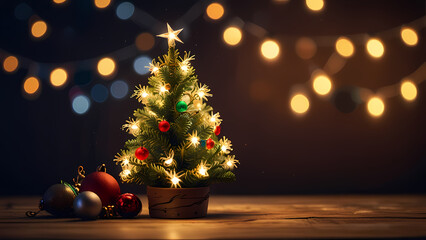 cozy Christmas scene with a small, beautifully decorated mini Christmas tree placed on a wooden table. The tree is adorned with ornaments, ribbons, and twinkling fairy lights, surrounded by soft, warm