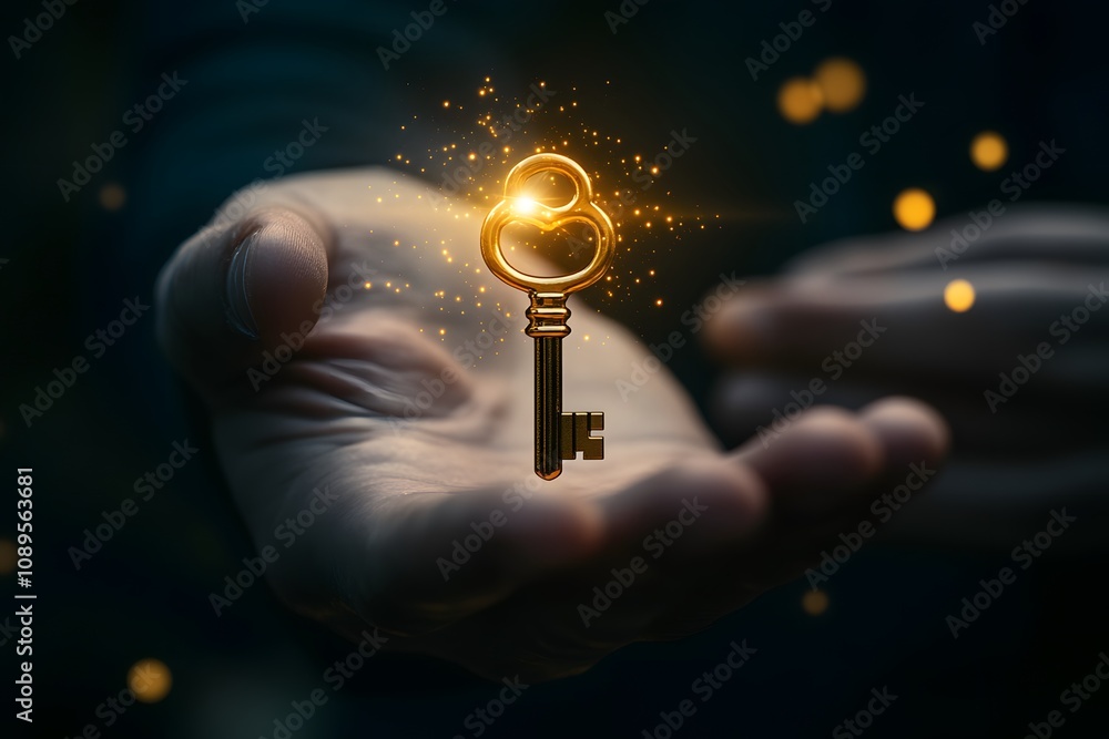 Aufkleber mystical golden key illuminated by sparkling light in outstretched hand symbolizing discovery, possi