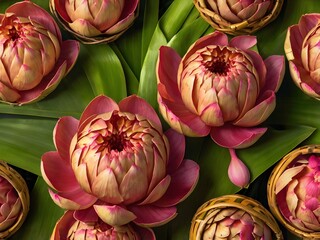 Fototapeta premium Pink Lotus Flowers Tropical Leaves Floral Background