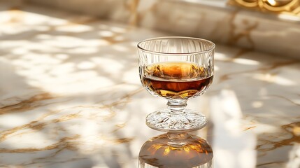 Obraz premium A macro photograph of a crystal liqueur glass filled with rich, dark liquid, placed on a marble surface, the reflections capturing opulent gold accents from the surrounding decor,
