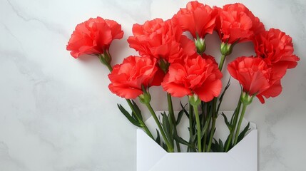 Bright red carnations in a white envelope on a light gray background, classic and bold, generative ai