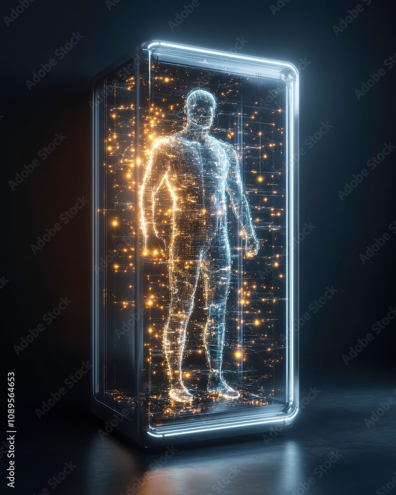 Poster transparent human silhouette filled with glowing particles in futuristic display. ethereal figure st