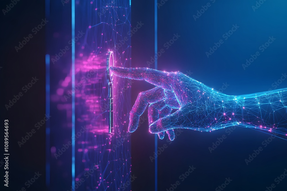 Poster Futuristic Hand Interacting with Digital Interface Representing Advanced Technology and Connectivity in a Neon Environment