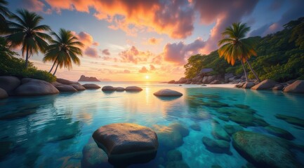 Serene tropical sunset over calm waters