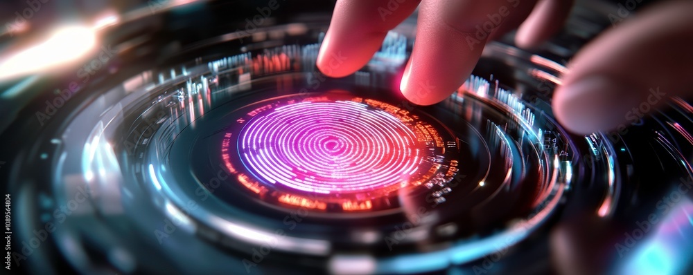 Poster futuristic digital fingerprint scan showcasing advanced technology and security features. vibrant co