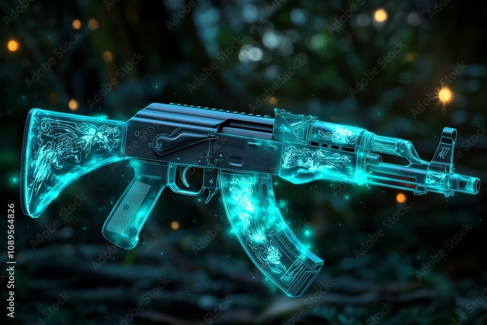 Poster ak-47 in a fantasy setting, engraved with magical runes and glowing softly, set against a mystical f
