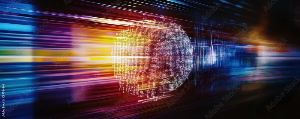 Poster futuristic digital fingerprint scan with vibrant colors and motion blur, representing technology and