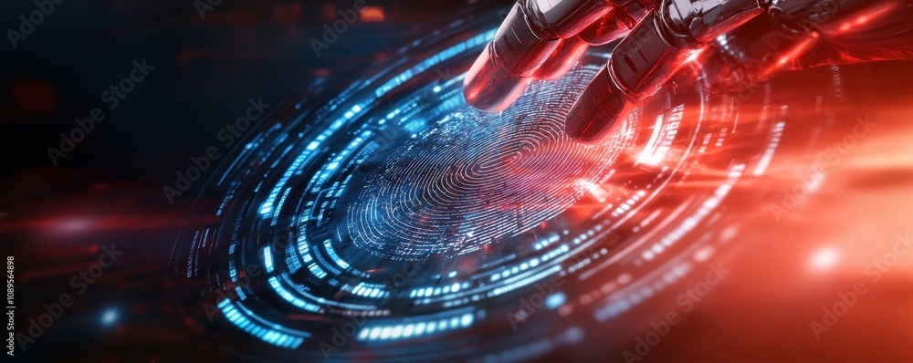 Poster futuristic digital fingerprint being scanned by robotic hand, showcasing advanced technology and inn