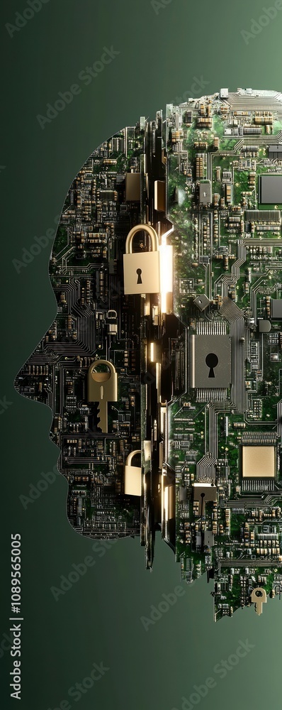 Poster abstract representation of human head silhouette filled with circuit patterns and locks, symbolizing