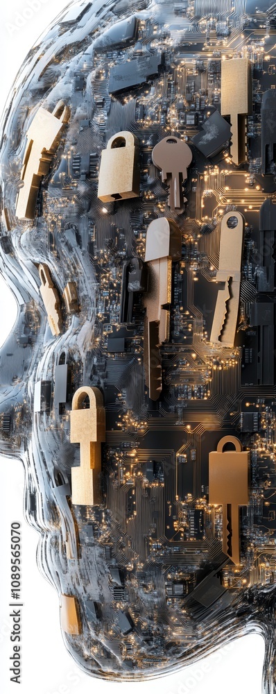 Poster abstract representation of human head filled with digital locks and circuits, symbolizing security a