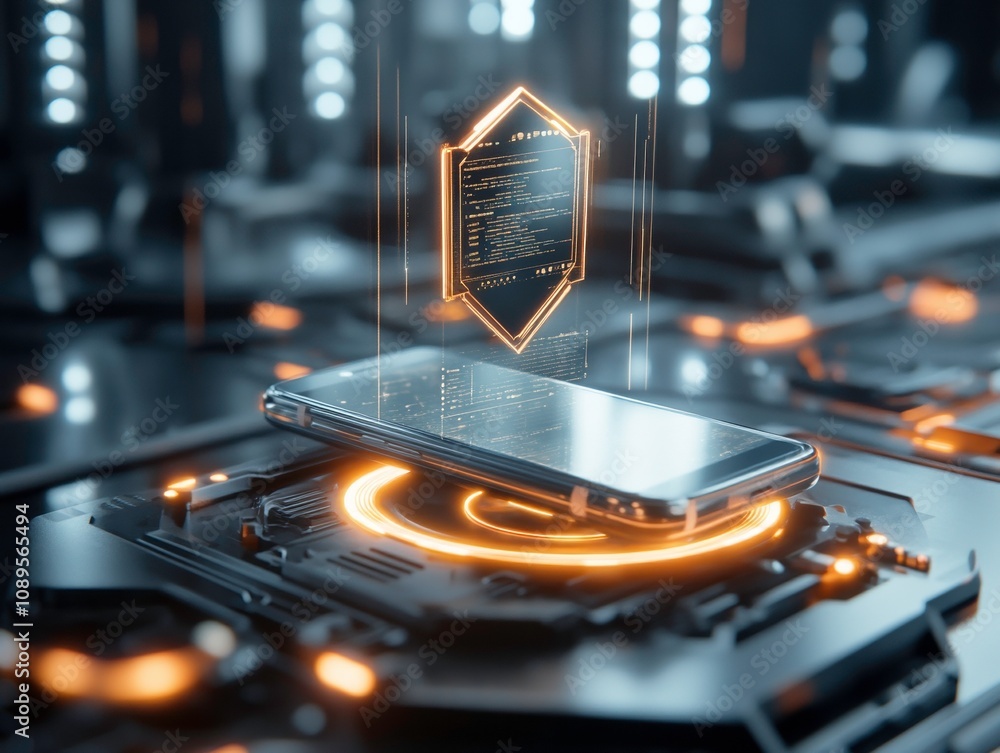 Poster smartphone with glowing shield hovering above it, showcasing advanced technology and futuristic desi