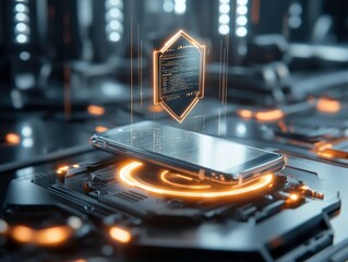 smartphone with glowing shield hovering above it, showcasing advanced technology and futuristic design. scene is illuminated with bright lights, creating high tech atmosphere