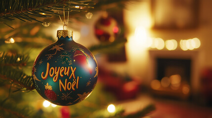 Christmas Ornaments Featuring Joyeux Noël in Vibrant Handwritten Script on Festive Tree Settings