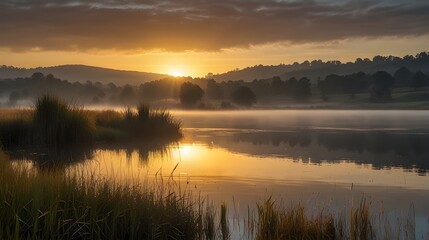 The tranquil scene of a sunset over a serene lake, with vibrant orange and pink colors filling the sky, while the calm water mirrors the colors of the horizon and distant mountains