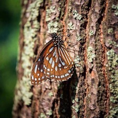 Obraz premium A close-up photo of a butterfly clinging to a tree bark, deep focus on the fine details of its camouflage patterns, eye-level shot providing a portrait that shows its adaptation to its natural environ