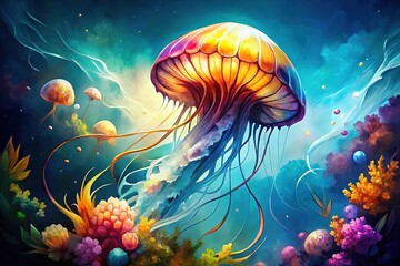 Charming watercolor artwork of a jellyfish, perfect for nature and marine life themes, featuring vivid hues and graceful forms that embody the ocean's essence.