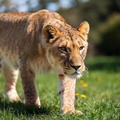 Obraz premium A full shot photo of a lioness crouched and ready to pounce, deep focus on its tense muscles and predatory gaze, low-angle shot that accentuates its readiness to spring forward and its raw power