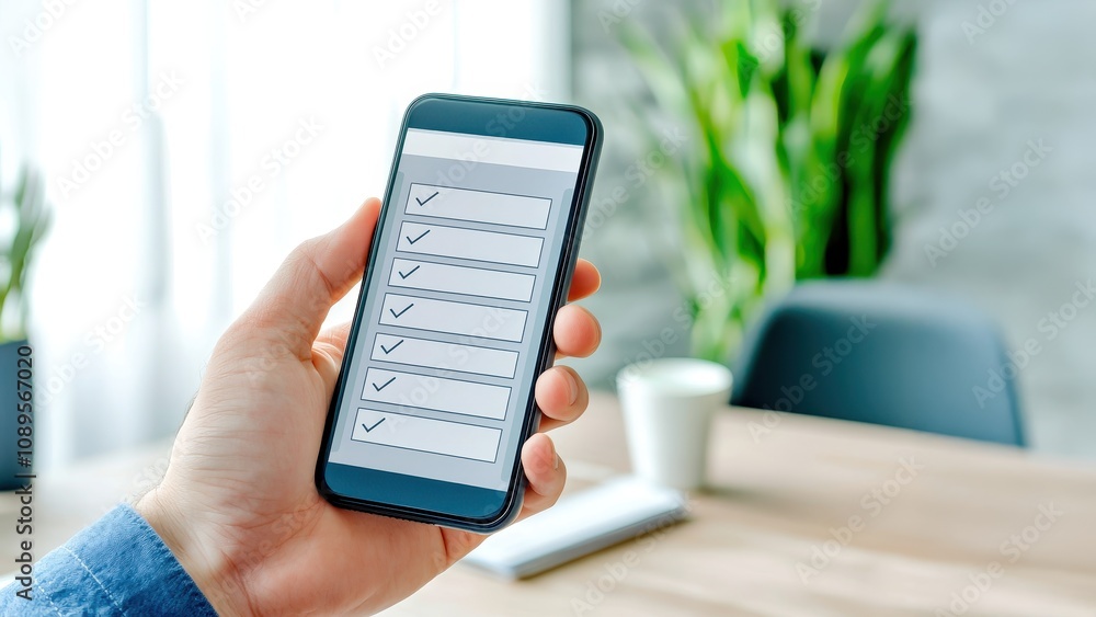 Poster fintech regtech concept. a person holding a smartphone displaying a clean interface in a modern work