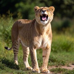 A full shot photo of a lioness in mid-roar, deep focus on its open mouth and intense facial expression, low-angle shot capturing the full body and the dynamic energy of its powerful stance