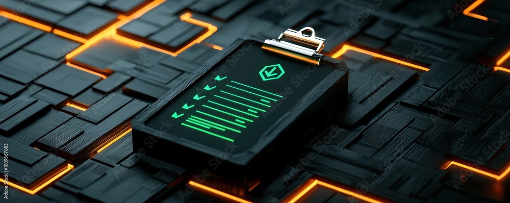 Poster fintech regtech concept. digital clipboard with a green checklist on a dark tech background.