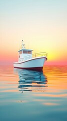 Fototapeta premium Digital logistics shipping GPS concept. Serene boat floating on calm water during a vibrant sunset.
