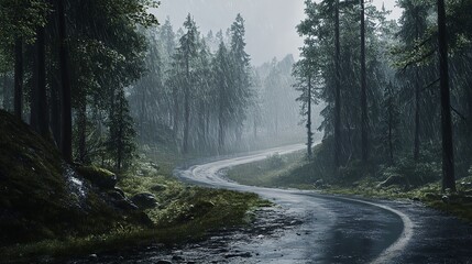 Obraz premium Winding Road Through a Foggy Forest During a Rainstorm with Mysterious Atmosphere