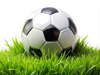 Fototapeta premium Clean white backdrop highlights a soccer ball nestled in a field of green grass.