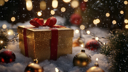 A gold gift box with a red ribbon, covered in snow, sits in the snow, surrounded by Christmas lights and decorations.