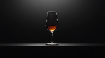 A sleek, modern shot of a single liqueur glass filled halfway, positioned on a matte black surface, with soft, diffused lighting emphasizing the simple silhouette and clean reflections. --ar 16:9