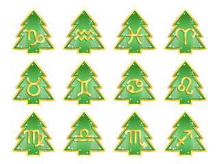 Zodiac sign icons in the form of green Christmas trees. Astrology, Space, horoscope. Isolated vector illustration on a transparent background