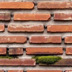 Obraz premium a brick wall texture background featuring a weathered, rustic look. Use faded, chipped bricks with visible signs of wear and tear, and incorporate moss or grime for an old, historical feel